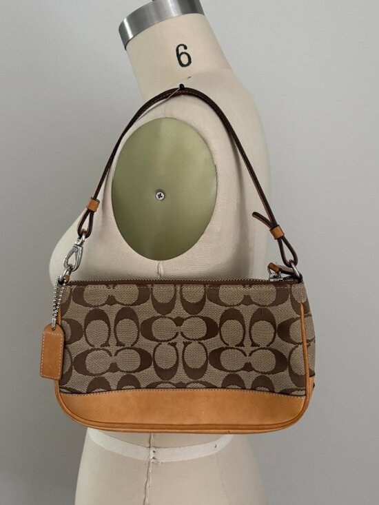 Coach Handbags - Vintage Coach Signature Demi Bag Jacquard Tan Leather Baguette 6094 Y2K